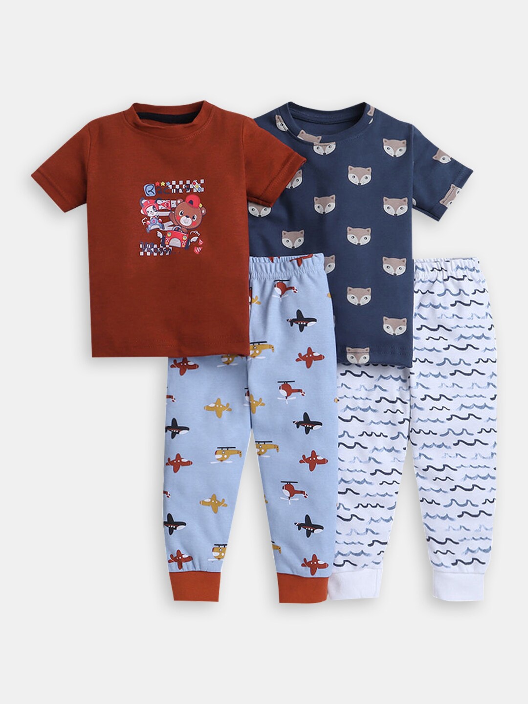 

Hopscotch Boys Pack of 2 Printed Cotton T-shirt with Trousers, Brown