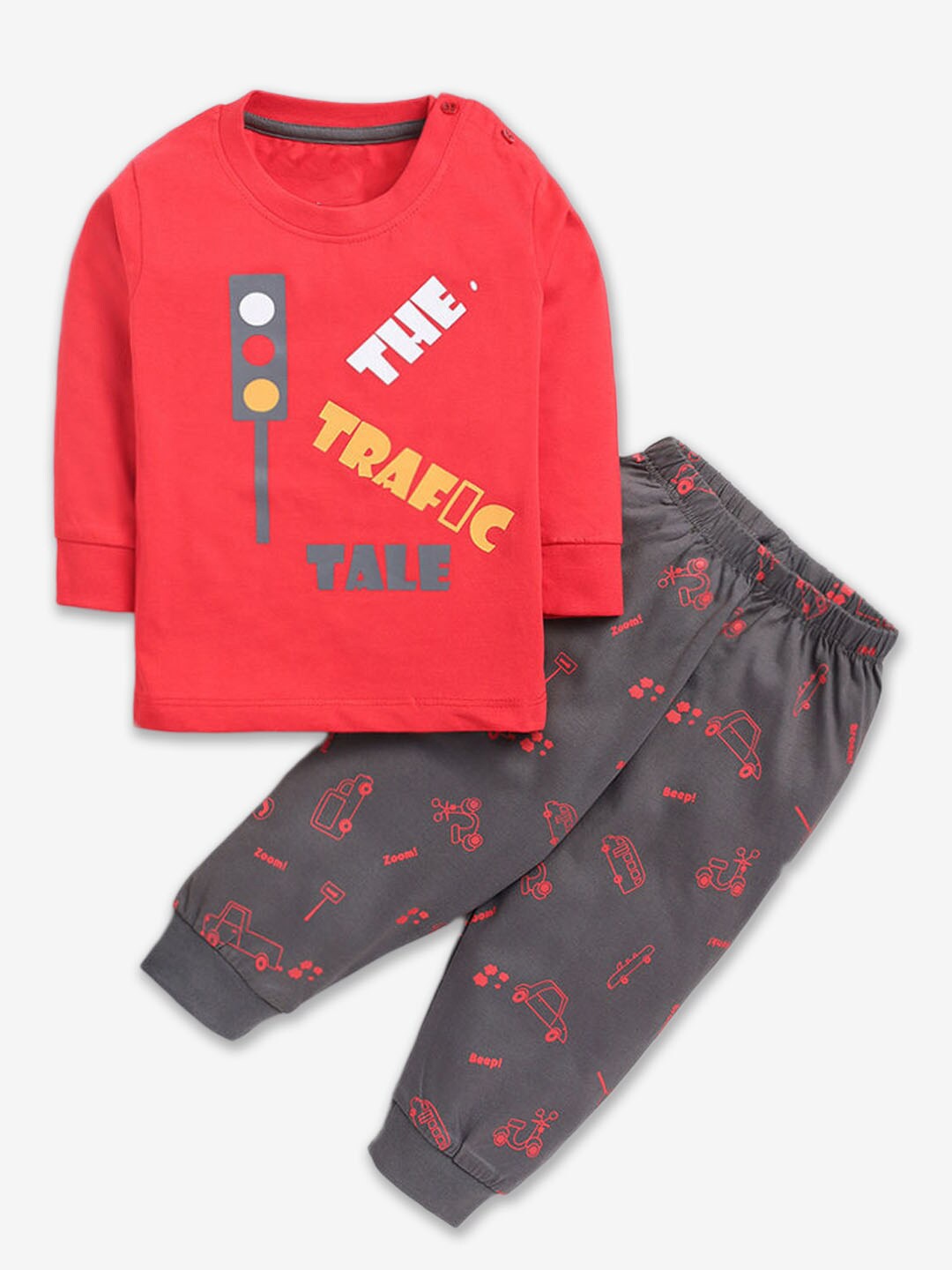 

Hopscotch Boys Printed Pure Cotton T-shirt With Pyjamas Set, Red