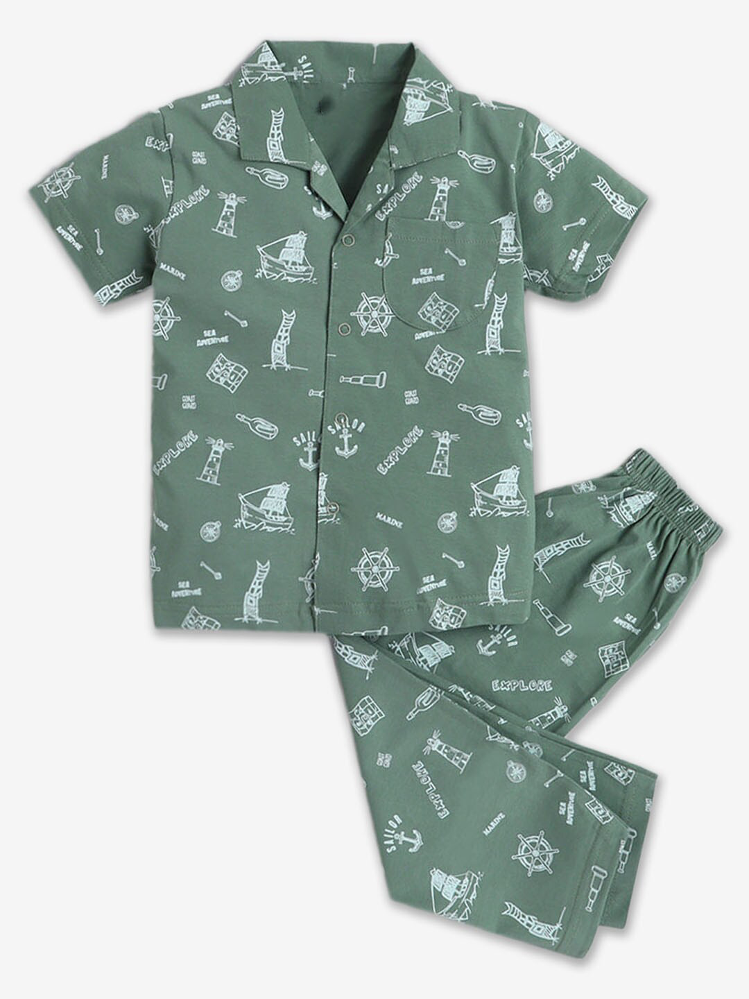 

Hopscotch Boys Conversational Printed Pure Cotton Night Suit, Green