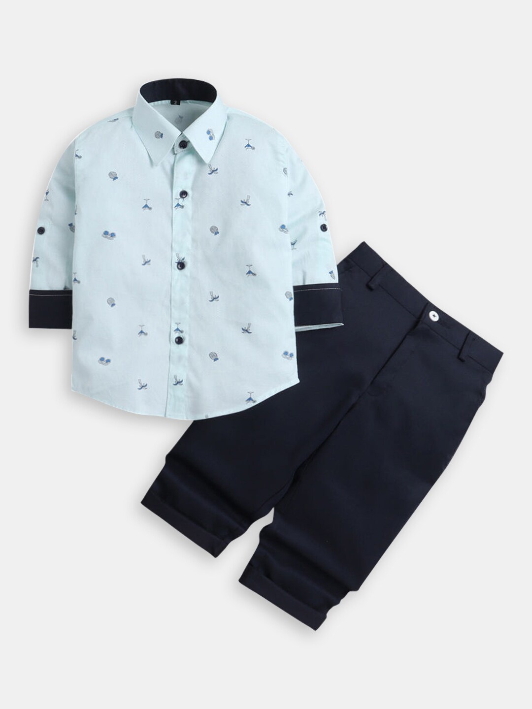 

Hopscotch Boys Printed Pure Cotton Shirt With Trousers, Blue