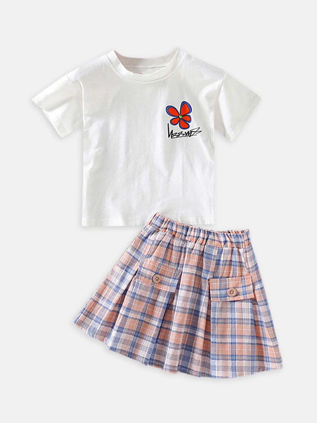 

Hopscotch Girls Checked Pure Cotton Top With Skirt, White