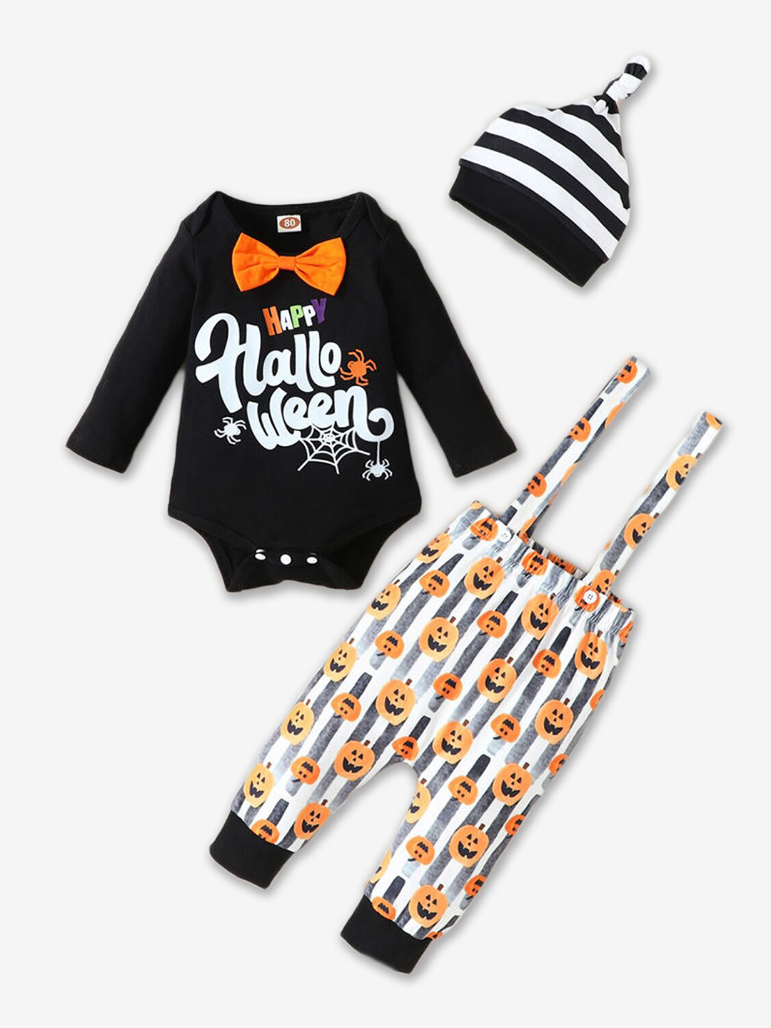 

Hopscotch Boys Printed Pure Cotton Bodysuit With Dungaree And Beanie, Black