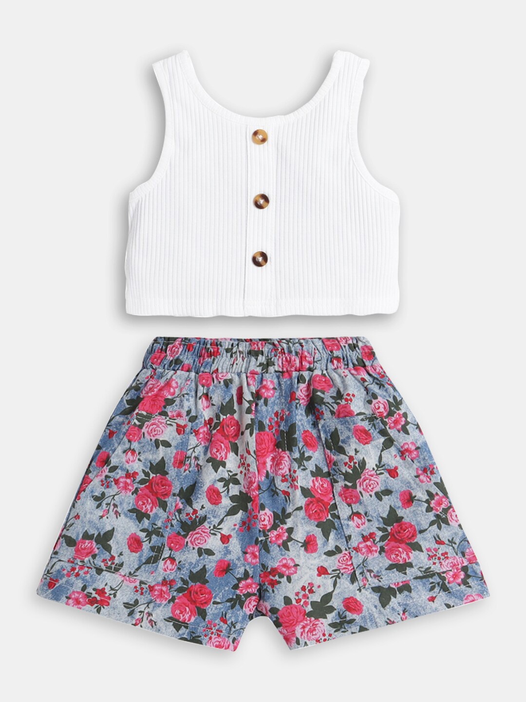 

Hopscotch Girls Top With Floral Printed Shorts Set, White