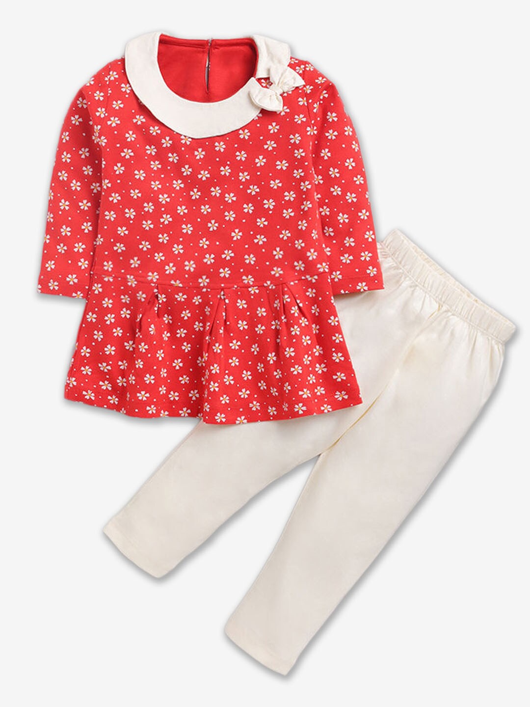 

Hopscotch Girls Printed Pure Cotton Top With Leggings Set, Red