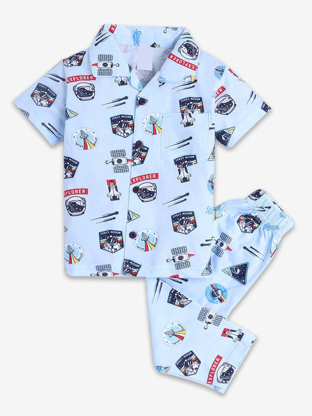 

Hopscotch Boys Conversational Printed Pure Cotton Night Suit, Blue