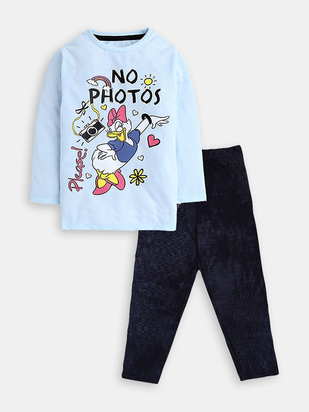 

Hopscotch Girls Printed Pure Cotton T-shirt With Leggings Set, Blue