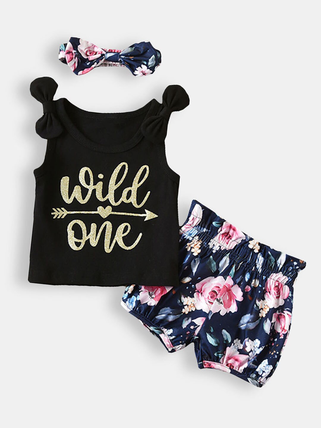 

Hopscotch Girls Printed Cotton Top with Shorts, Black