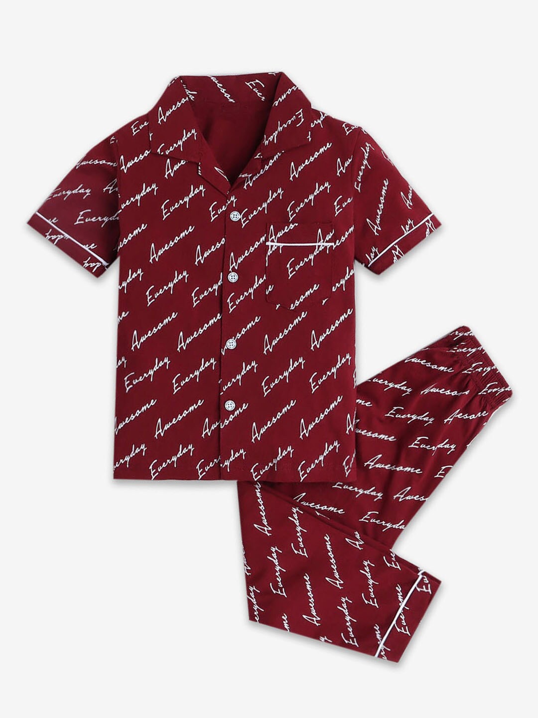 

Hopscotch Boys Typography Printed Pure Cotton Night Suit, Maroon