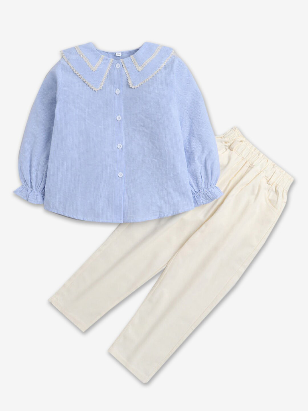 

Hopscotch Girls Striped Puff Sleeves Top with Trousers Clothing Set, Blue