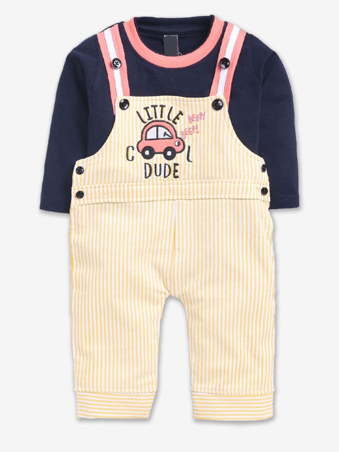

Hopscotch Infant Boys Striped Pure Cotton T-shirt with Dungarees Clothing Set, Yellow