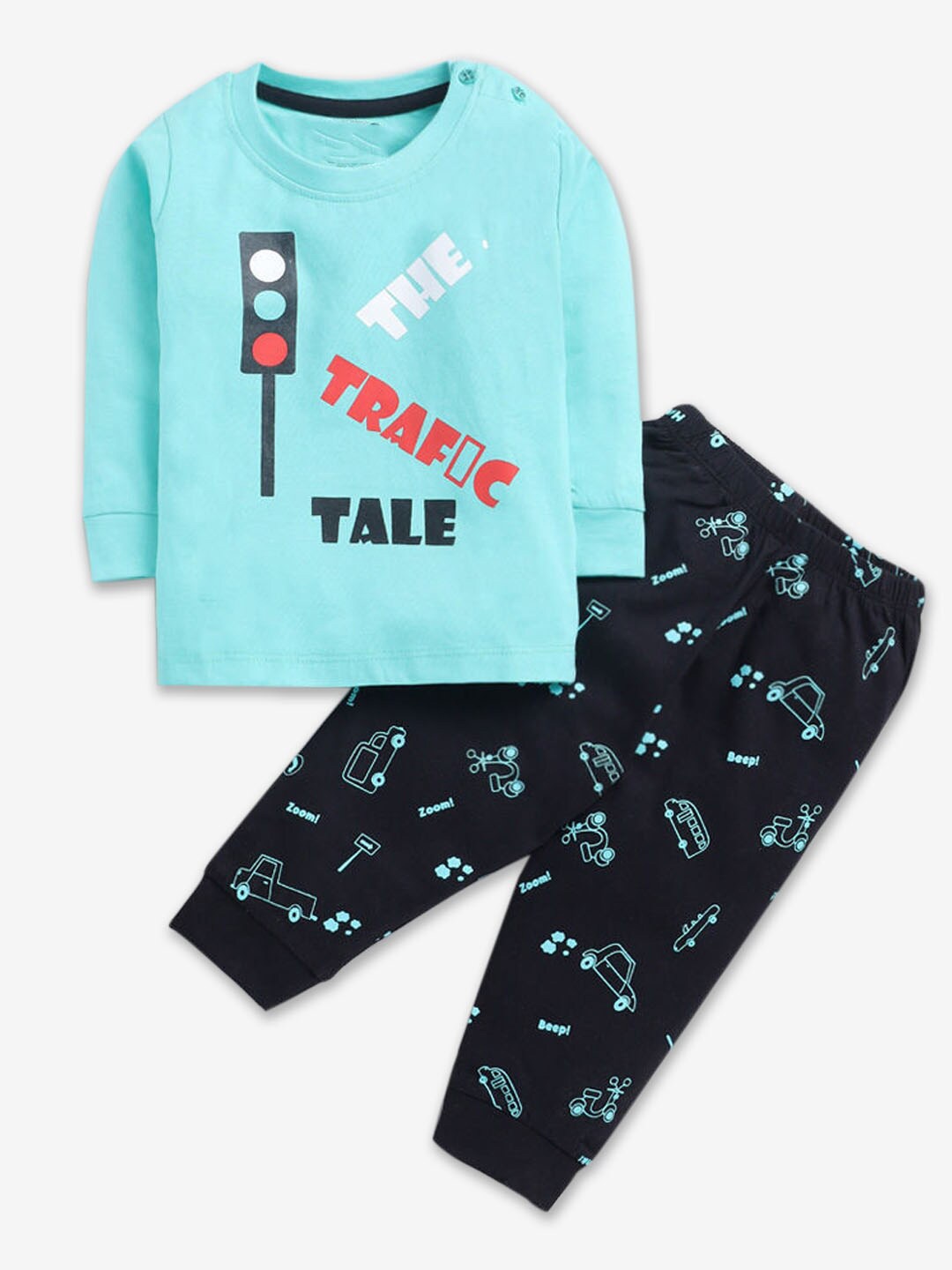 

Hopscotch Boys Typography Printed Pure Cotton T-shirt With Trousers, Blue