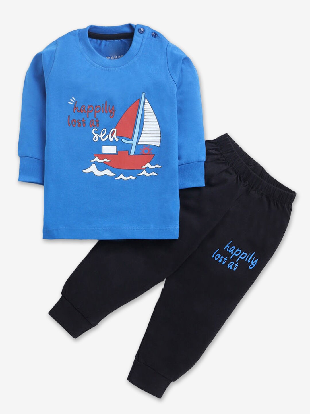

Hopscotch Boys Graphics Printed Pure Cotton T-shirt With Trousers, Blue