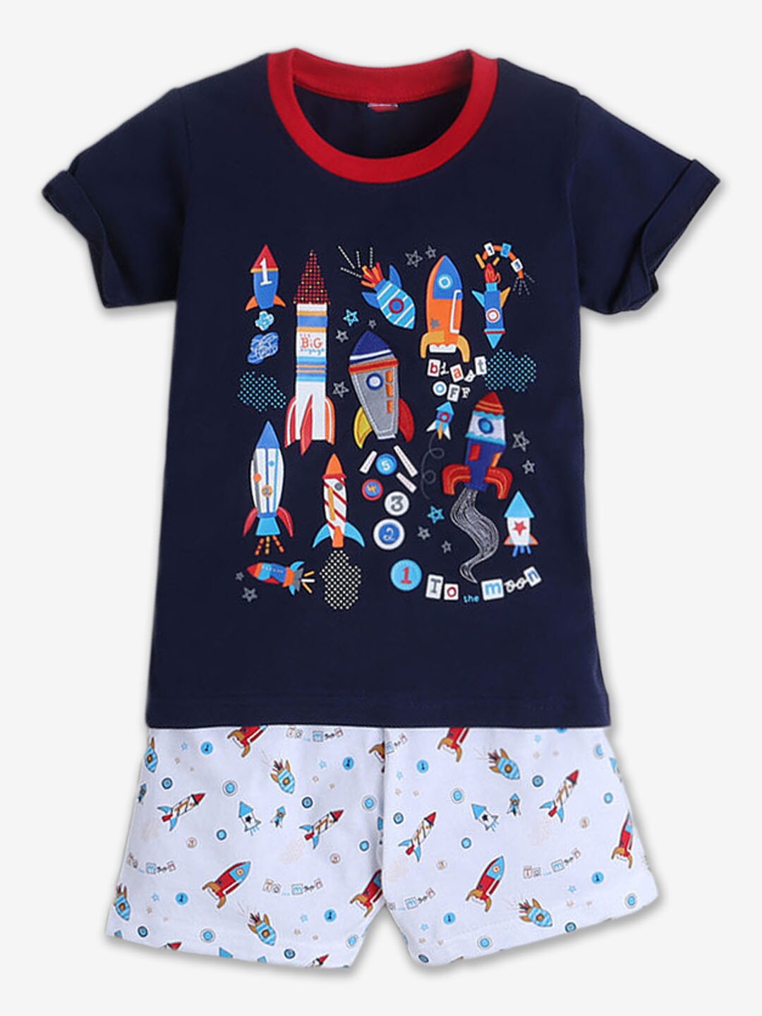 

Hopscotch Boys Printed Cotton T-shirt With Shorts, Blue