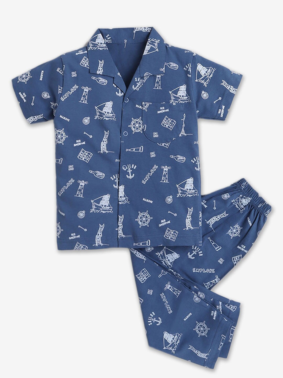 

Hopscotch Boys Conversational Printed Pure Cotton Night Suit, Blue