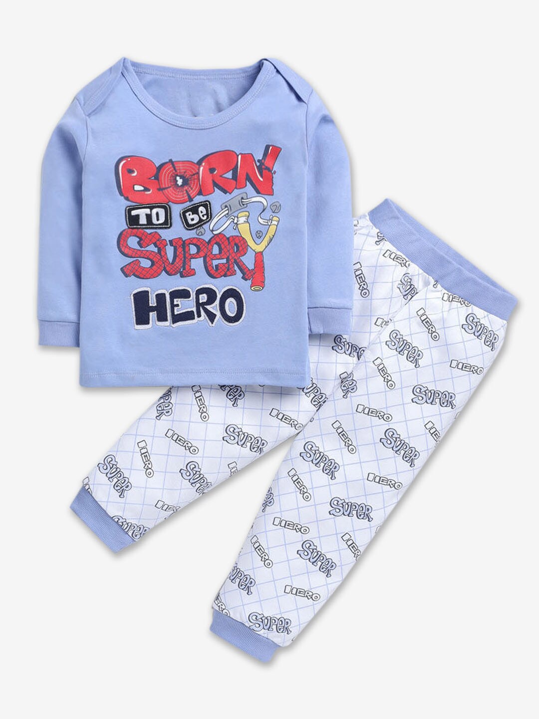 

Hopscotch Boys Printed Pure Cotton T-shirt With Pyjamas Set, Blue