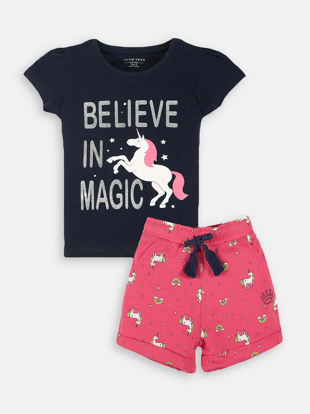 

Hopscotch Girls Printed Cotton T-shirt with Shorts, Black