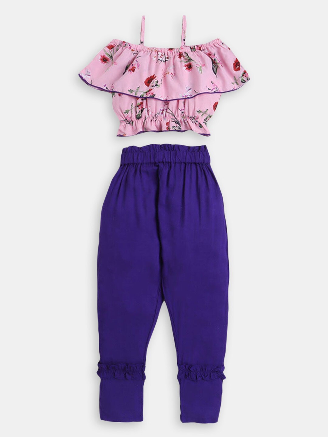 

Hopscotch Girls Printed Shoulder Straps Top With Trousers, Purple