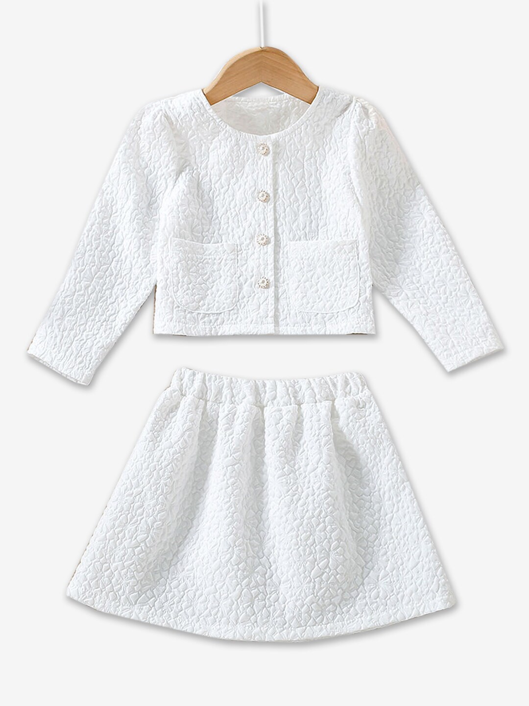 

Hopscotch Girls Round Neck Long Sleeves Top with Skirt Clothing Set, White