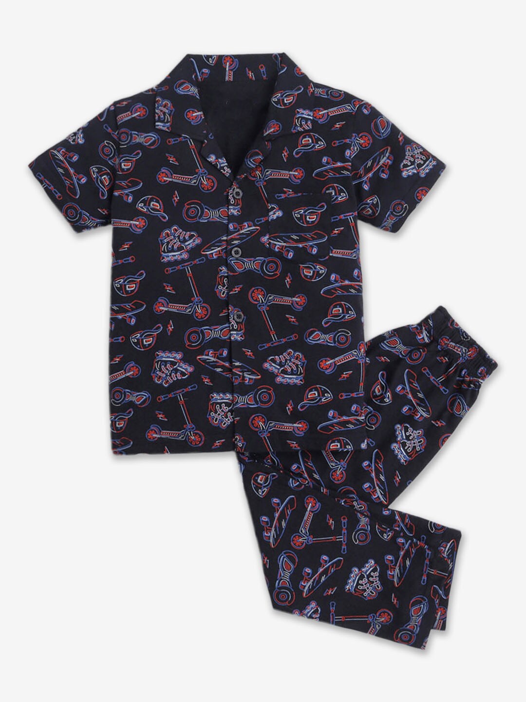 

Hopscotch Boys Conversational Printed Pure Cotton Night Suit, Black