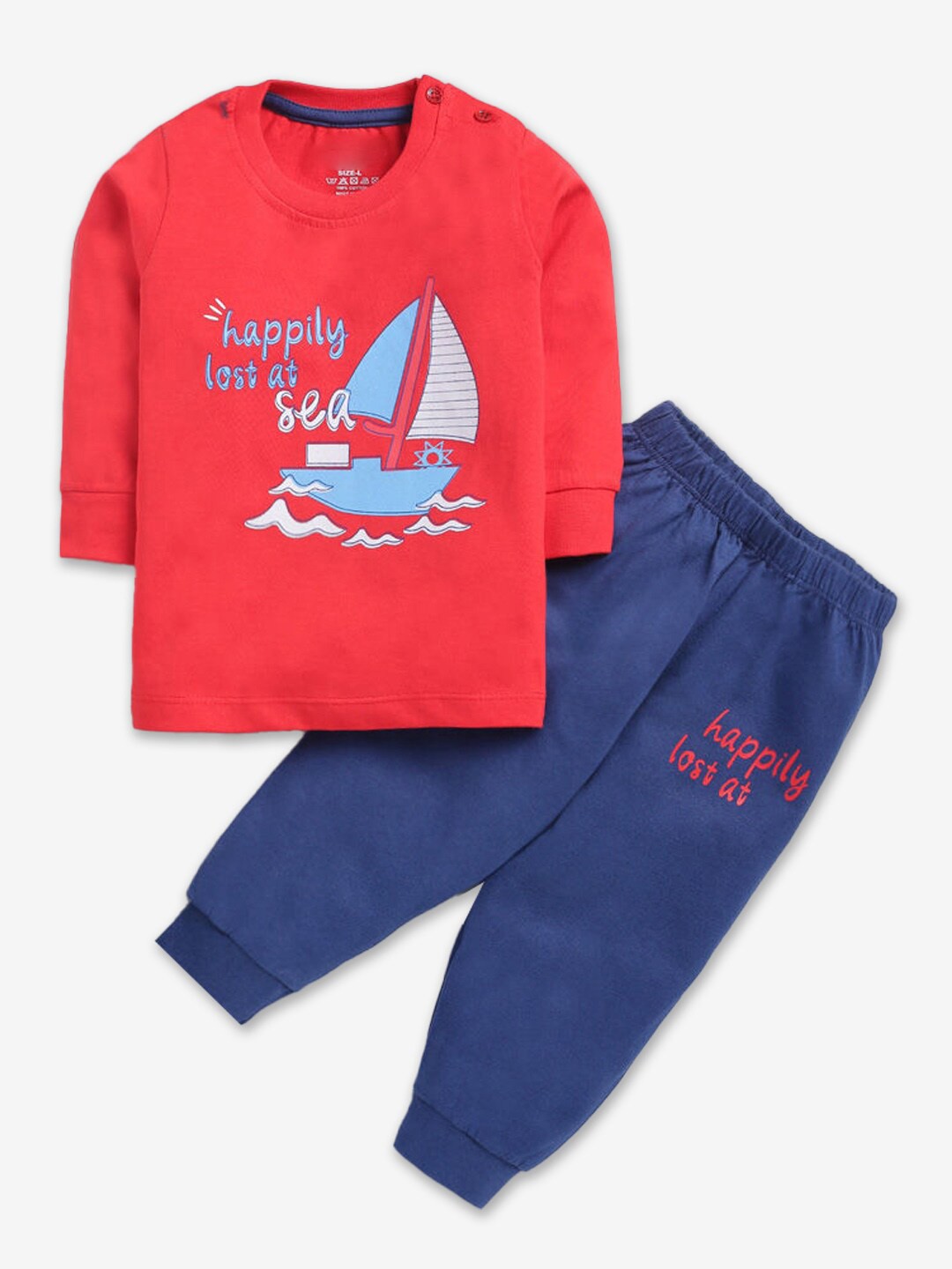

Hopscotch Boys Printed Pure Cotton Long Sleeves T-shirt with Jogger Clothing Set, Red