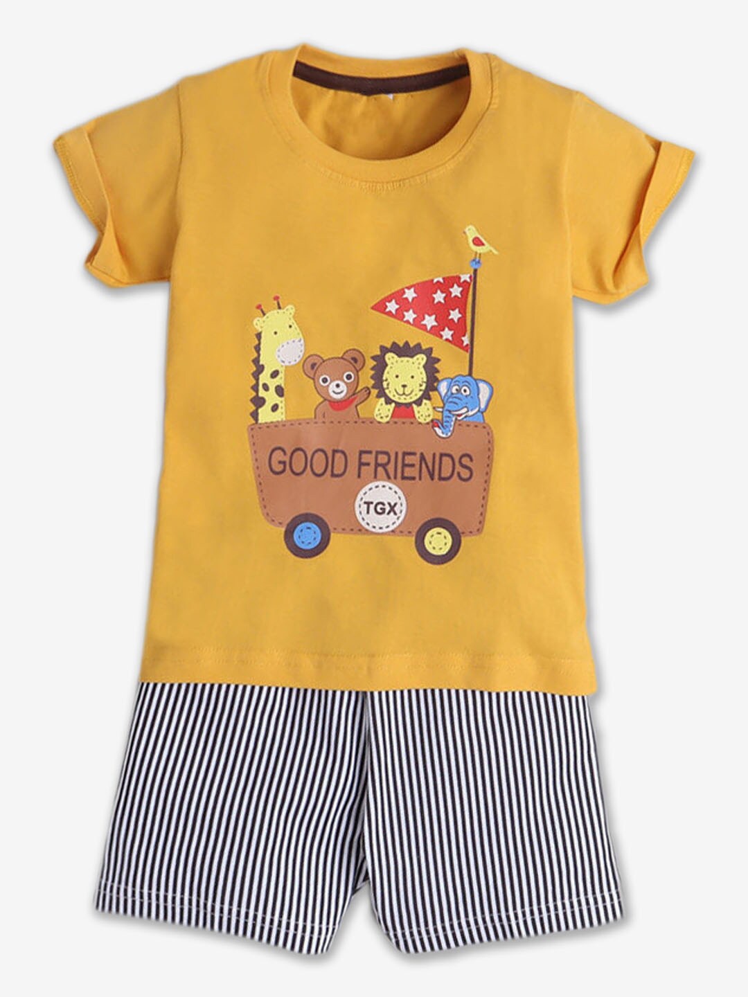 

Hopscotch Boys Printed Pure Cotton T-shirt With Shorts Set, Mustard