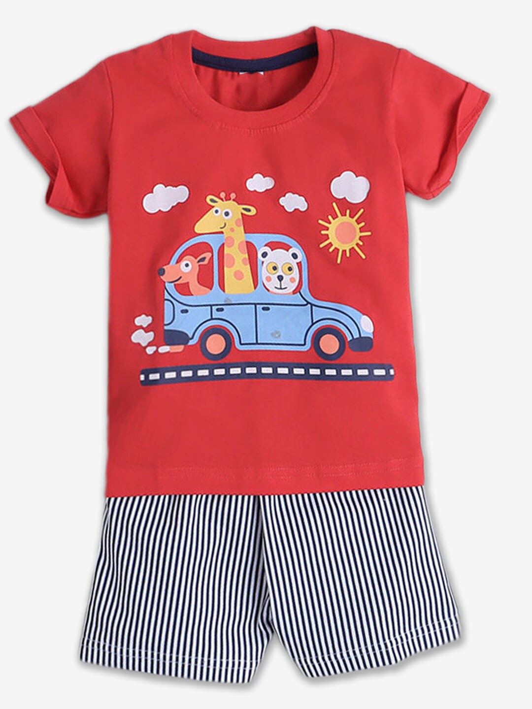 

Hopscotch Boys Printed Pure Cotton Top With Shorts, Red