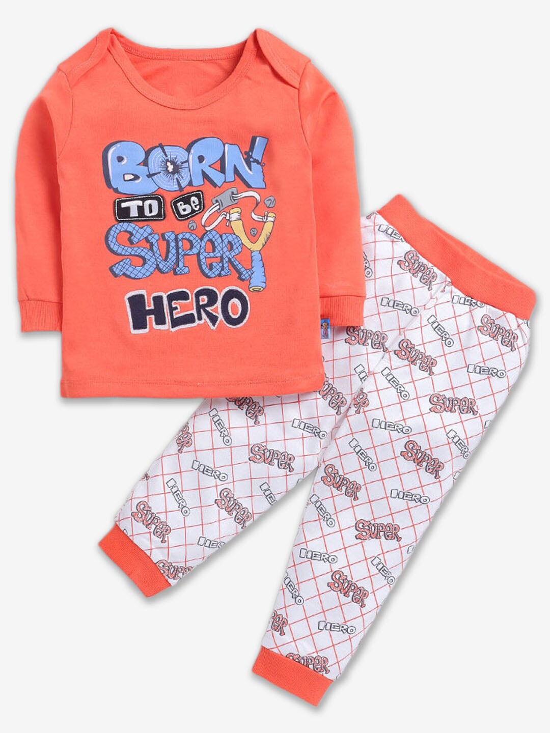 

Hopscotch Infant Boys Typography Printed Pure Cotton T-shirt With Trousers, Orange