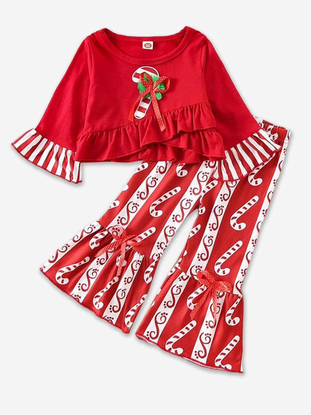 

Hopscotch Girls Printed Top With Trousers Set, Red