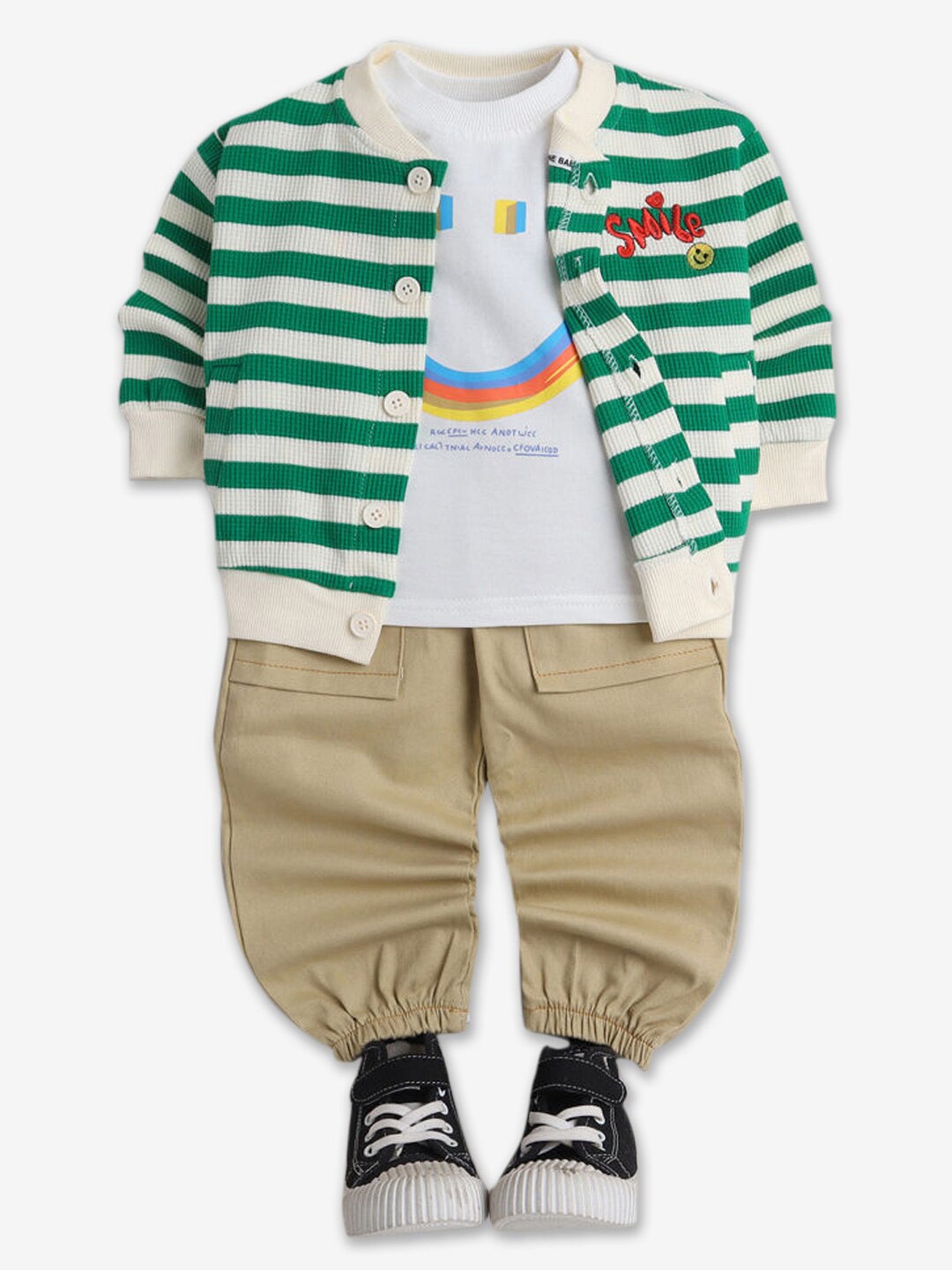 

Hopscotch Boys Striped Pure Cotton Sweater with Trousers Clothing Set, Green