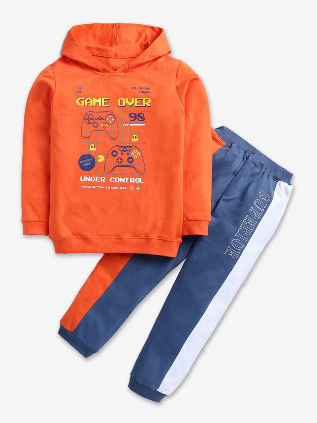 

Hopscotch Boys Printed Pure Cotton Hooded T-shirt with Jogger Clothing Set, Orange