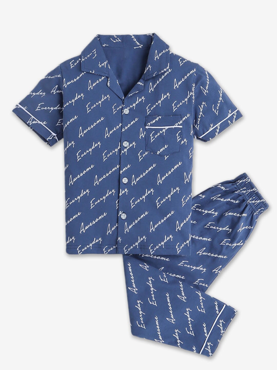

Hopscotch Boys Typography Printed Pure Cotton Night Suit, Blue