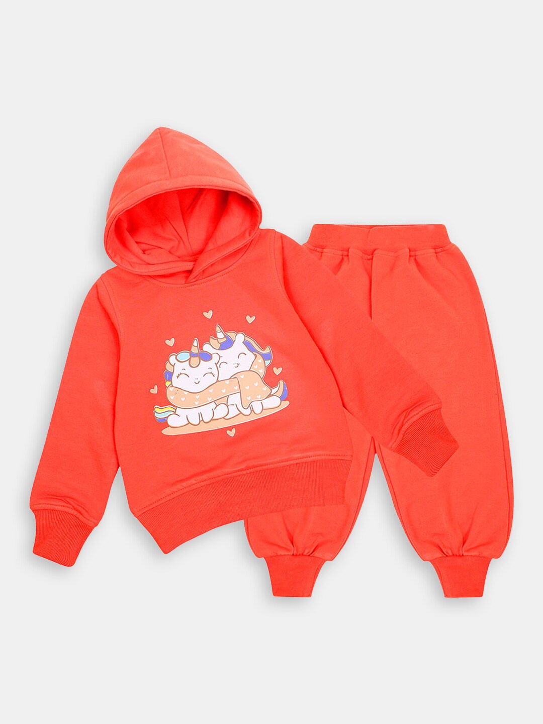 

Hopscotch Girls Printed Cotton Hooded T-shirt with Trousers, Beige