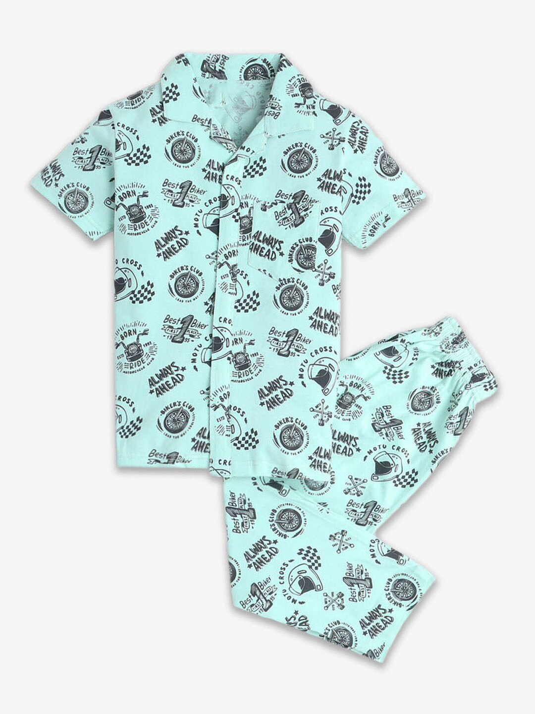 

Hopscotch Boys Conversational Printed Pure Cotton Night Suit, Sea green
