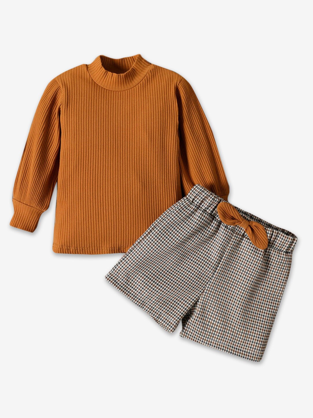 

Hopscotch Girls High Neck Top With Checked Shorts Set, Brown