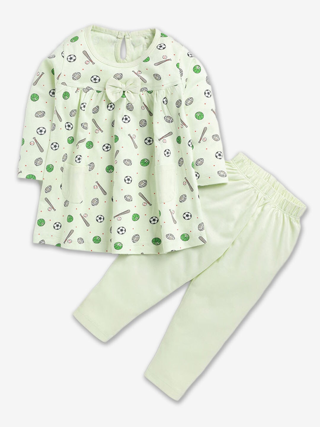 

Hopscotch Girls Printed Pure Cotton Top With Leggings Set, Sea green