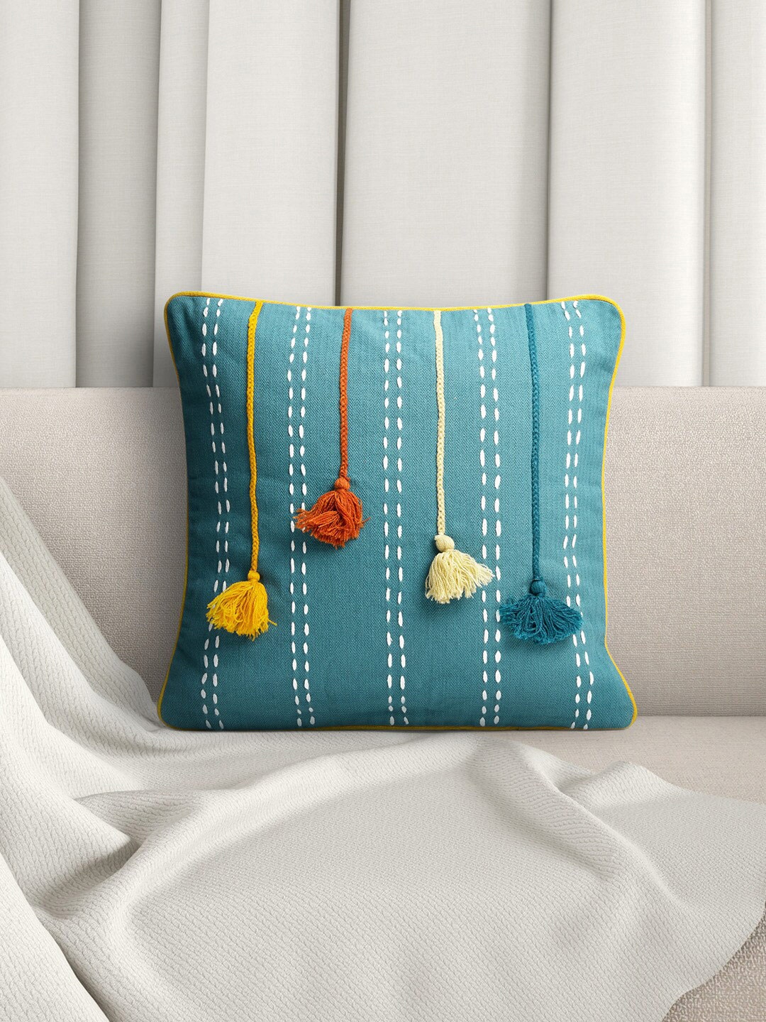 

Living scapes by Pantaloons Blue & Yellow Embroidered Cotton Square Cushion Cover