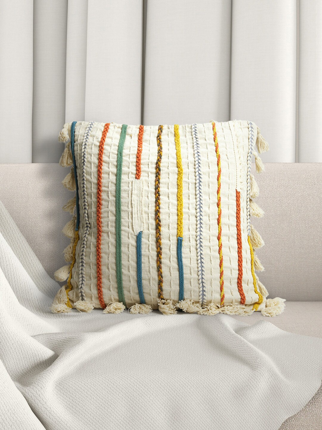 

Living scapes by Pantaloons Off White & Brown Embroidered Square Cotton Cushion Covers