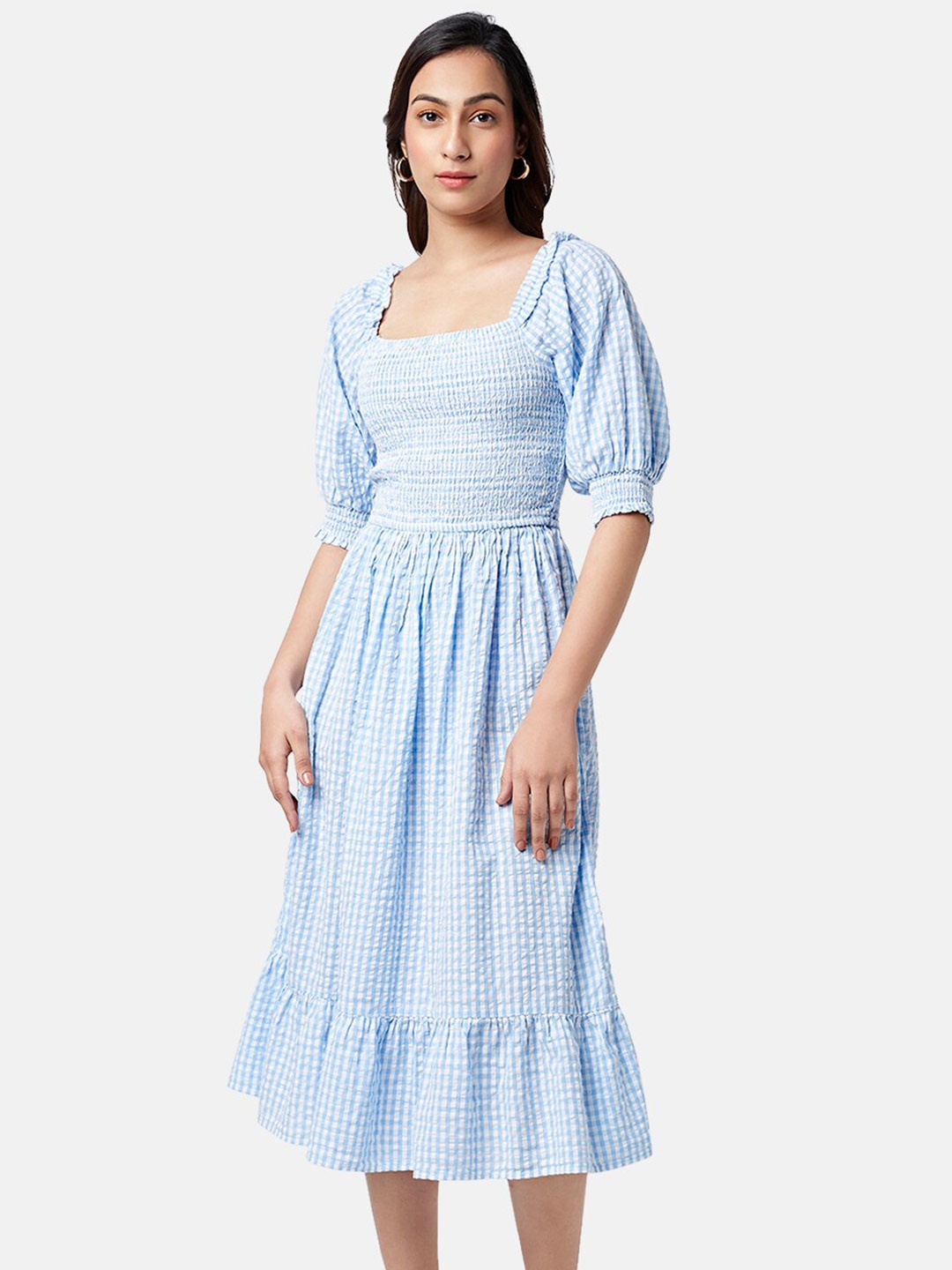 

Honey by Pantaloons Striped Smocked Fit & Flare Midi Dress, Blue