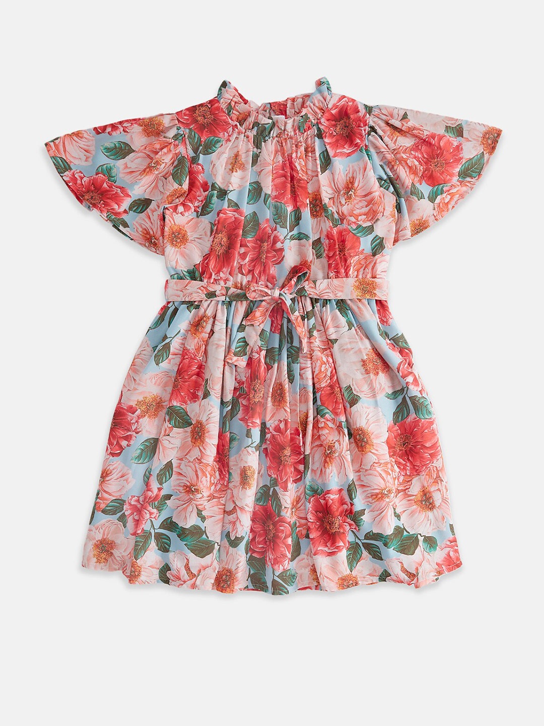 

Pantaloons Junior Girls Floral Printed Cape Sleeves Fit & Flare Dress With Belt, Red