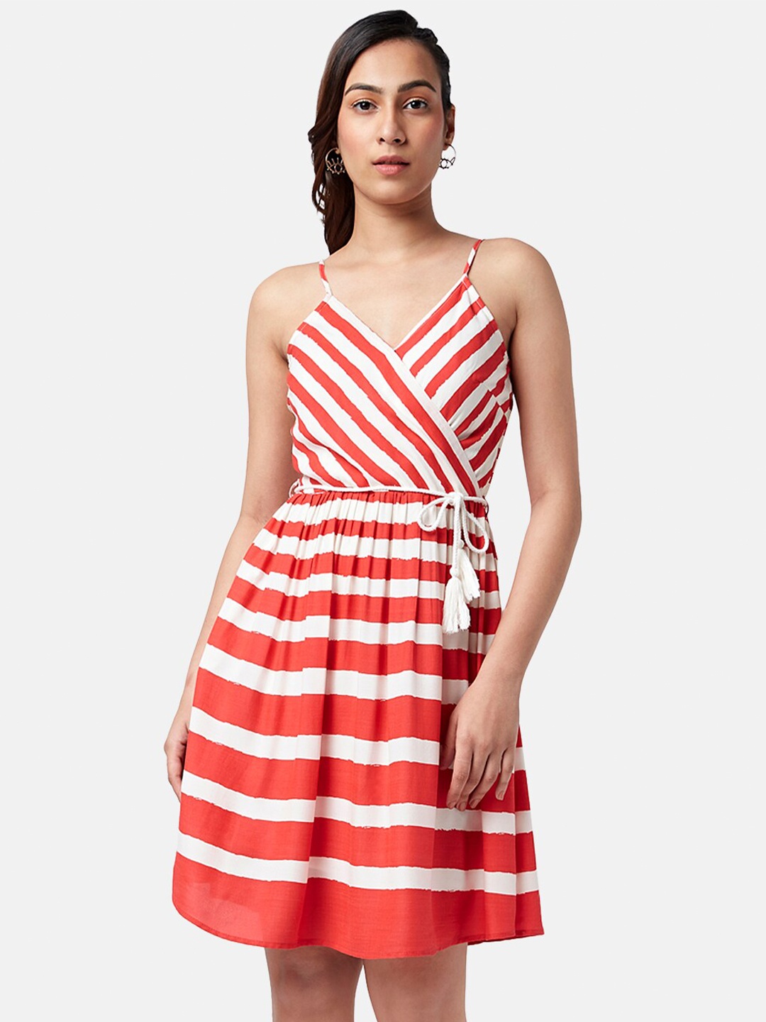 

People Striped Shoulder Strap Belted Fit & Flare Dress, Red
