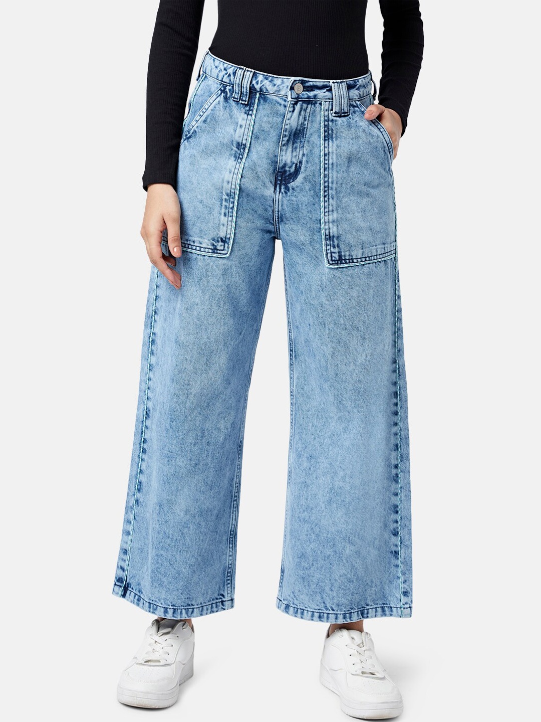

People Women Flared High-Rise Heavy Fade Cotton Jeans, Blue