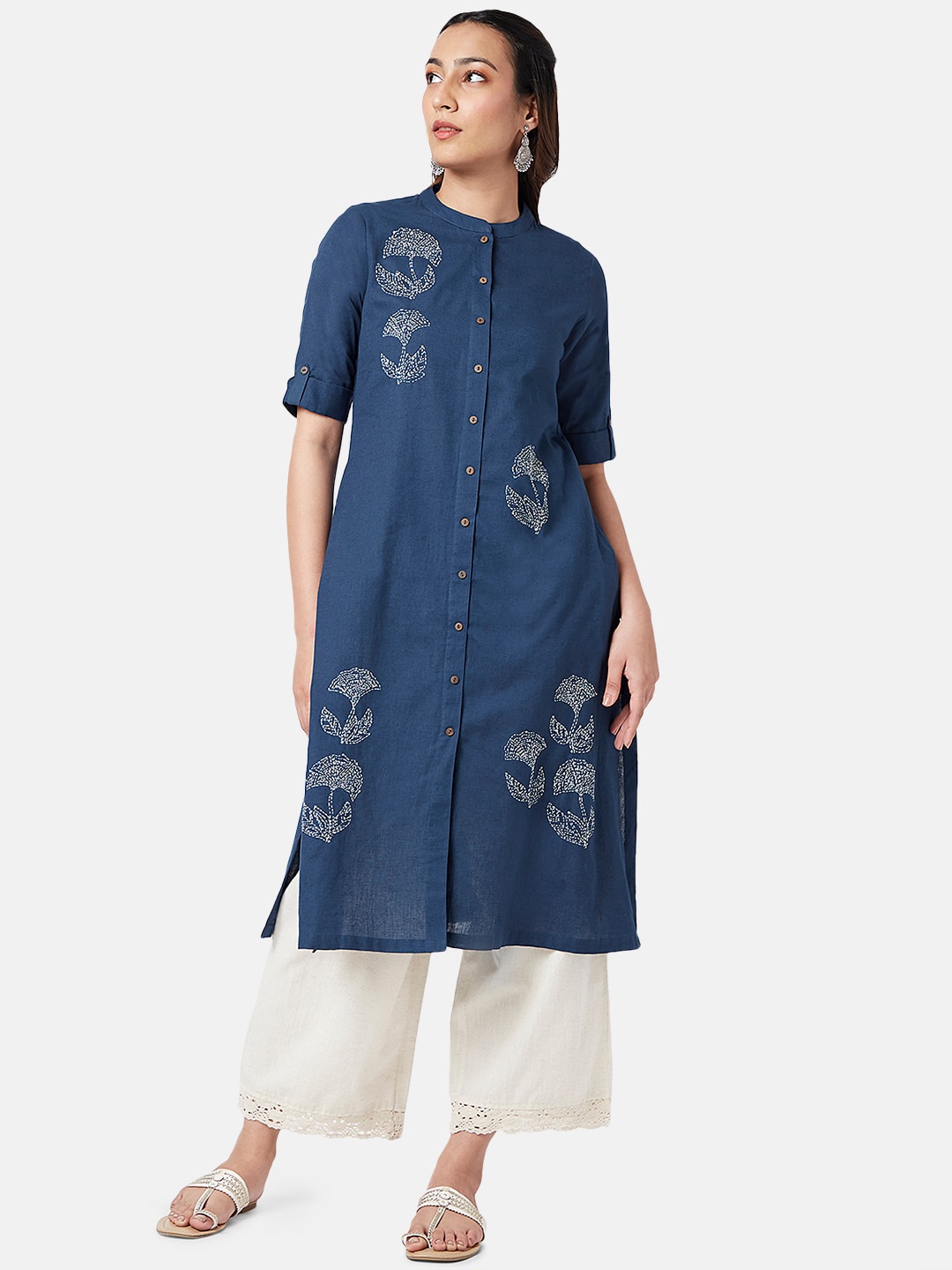 

RANGMANCH BY PANTALOONS Floral Embroidered Thread Work Band Collar Pure Cotton Kurta, Blue