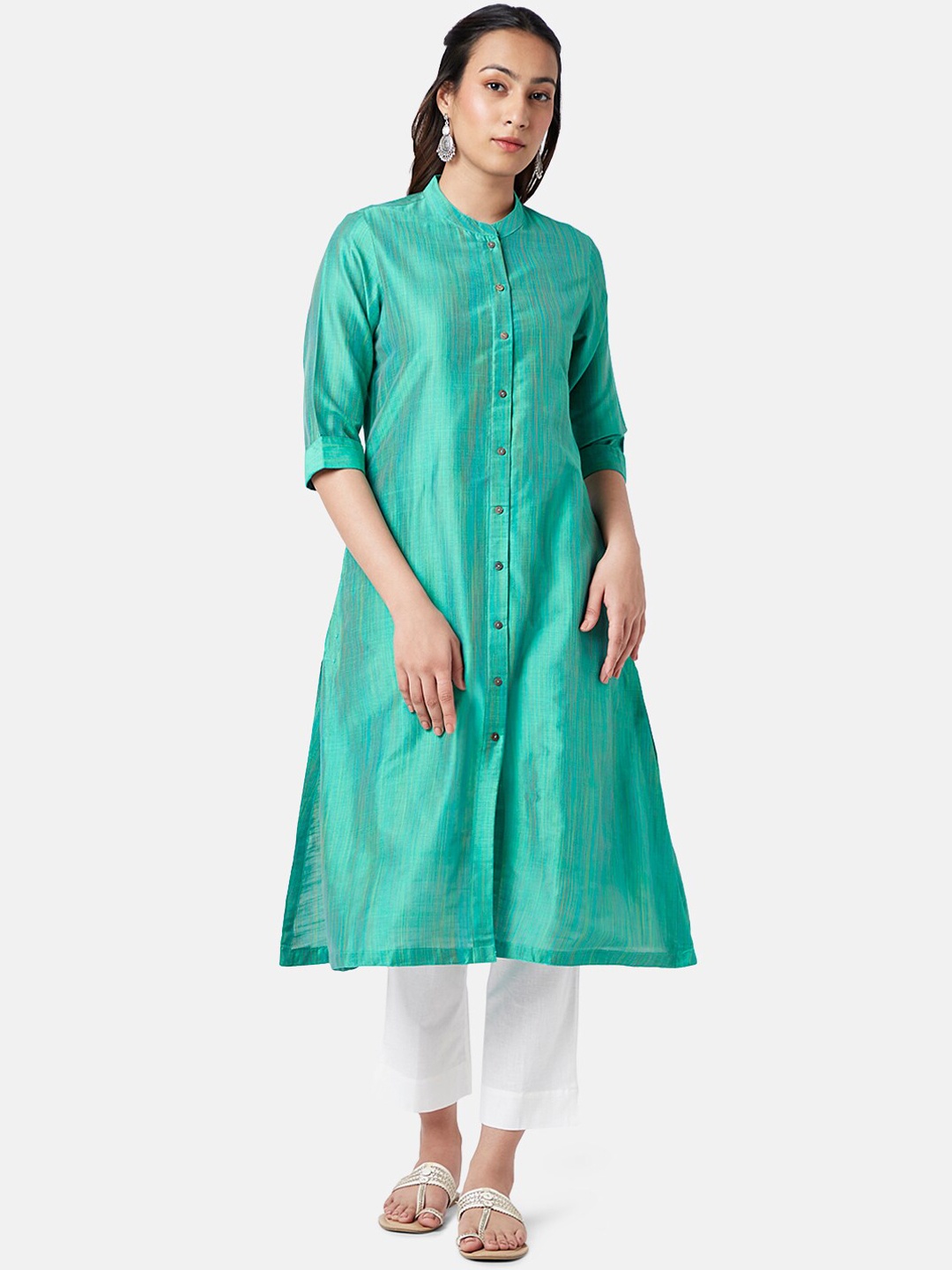 

RANGMANCH BY PANTALOONS Woven Design Band Collar A-Line Kurta, Green