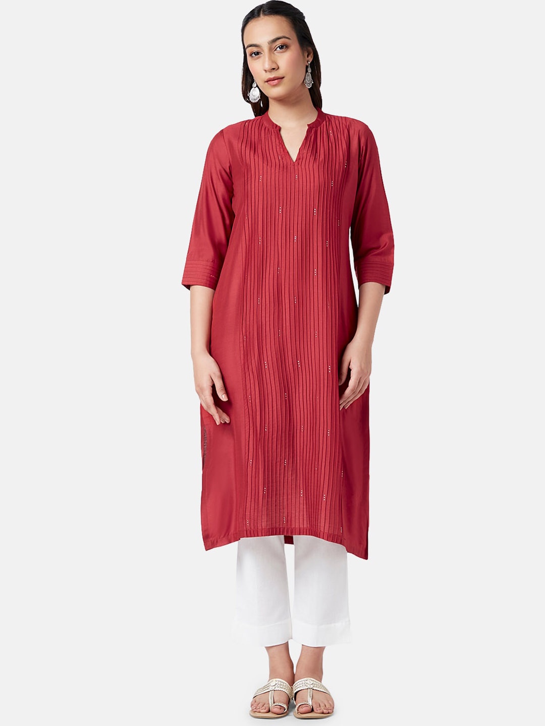 

RANGMANCH BY PANTALOONS Round Neck Pin Tucks Kurta, Red