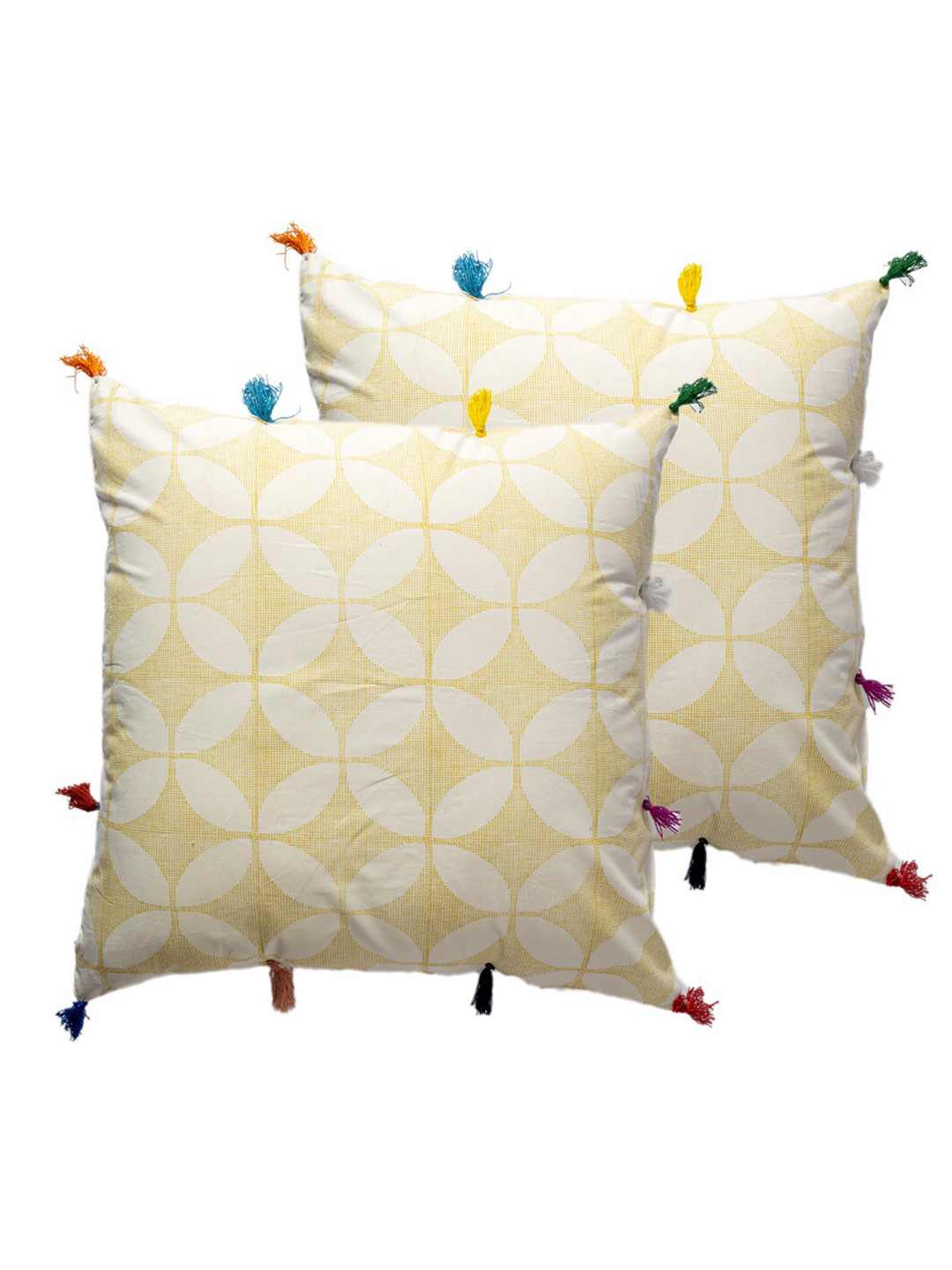 

Contrast Living Yellow & White 2 Pieces Geometric Printed Cotton Square Cushion Covers