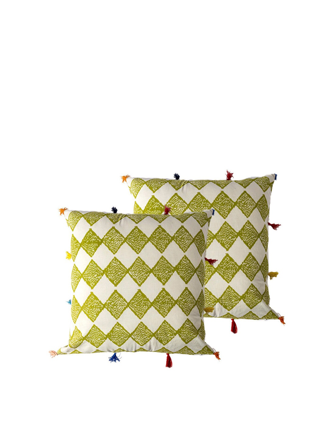 

Contrast Living Green & White 2 Pieces Geometric Cotton Square Cushion Covers