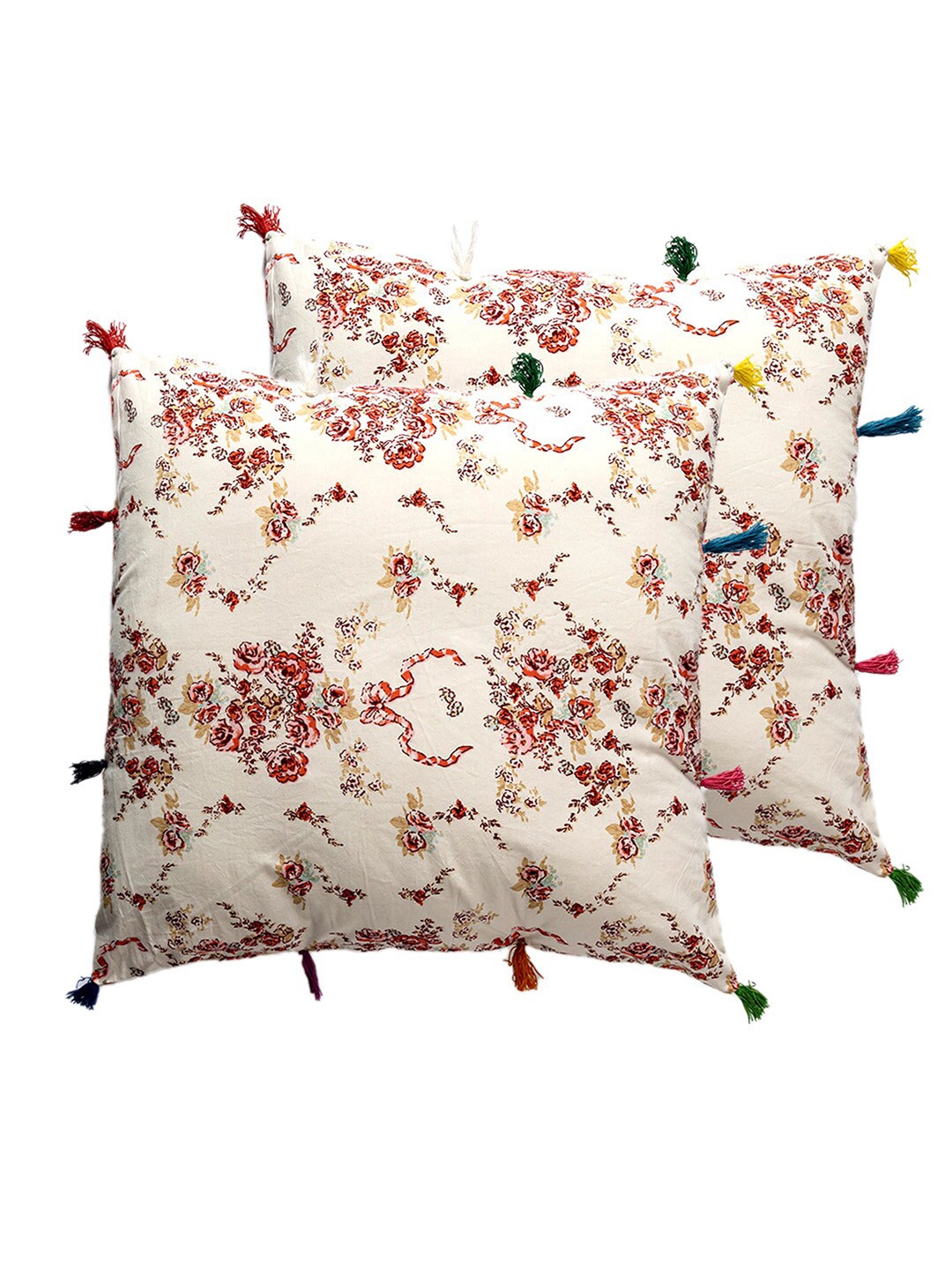 

Contrast Living White & Rust 2 Pieces Floral Cotton Square Cushion Covers