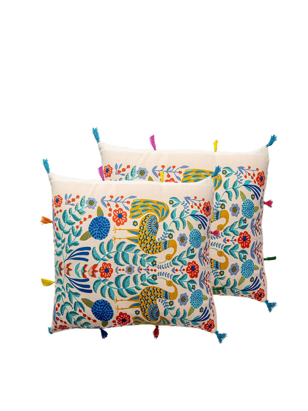 

Contrast Living Cream-Coloured & Red 2 Pieces Floral Square Cotton Cushion Covers