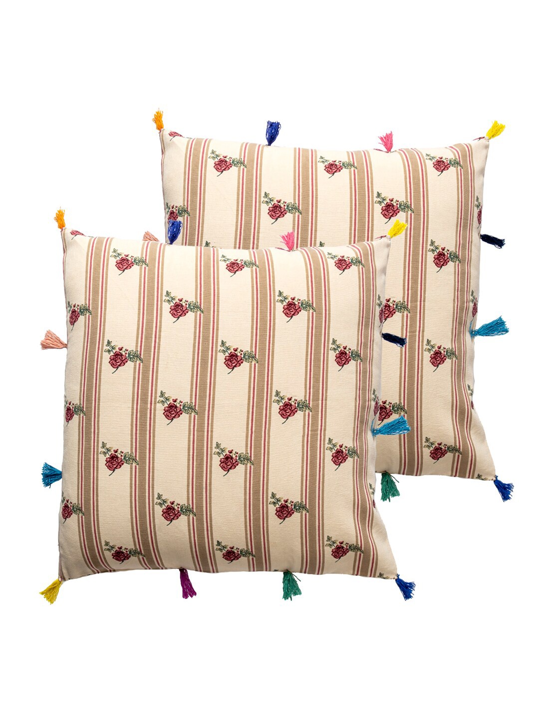 

Contrast Living Beige & Red 2 Pieces Striped Cotton Square Cushion Covers