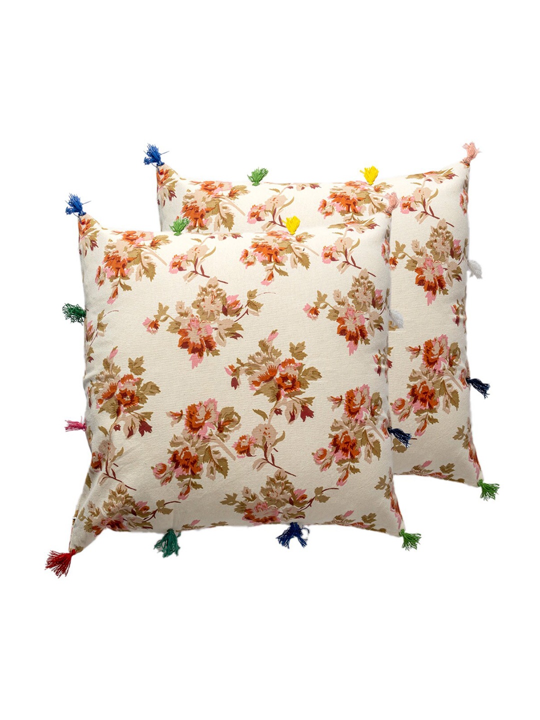 

Contrast Living Beige & Red 2 Pieces Floral Cotton Square Cushion Covers